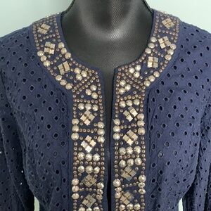 Chico's Navy Eyelet Metal Beaded Trim Western Jacket Size 1/M/8